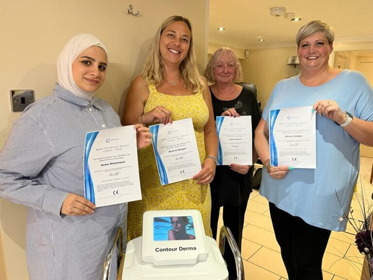 Four practitioners holding their Contour training certificates beside a Contour Derma machine