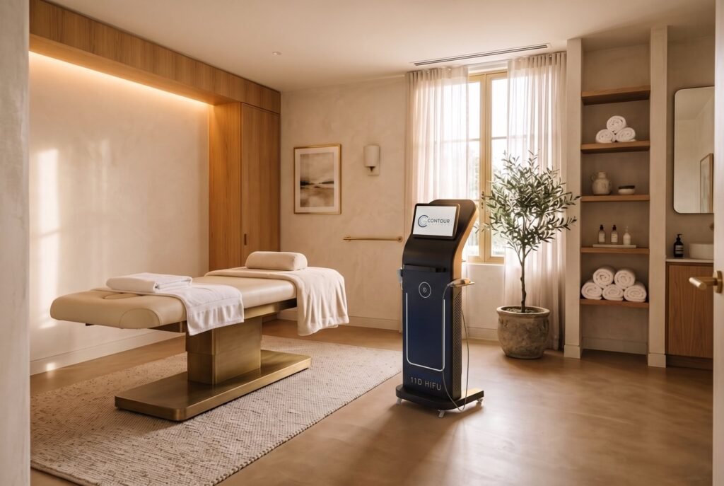 Focus 11D HIFU skin tightening machine in a warm clinic treatment room