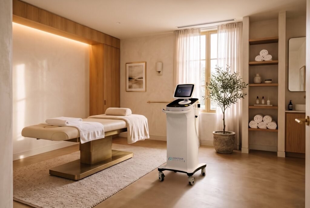 Contour Derma II RF microneedling machine in a warm clinic treatment room