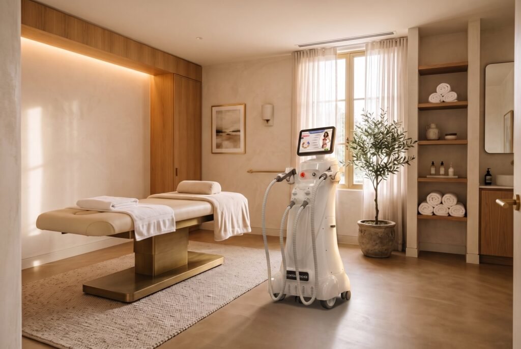 Contour Dio-Ice laser hair removal machine standing beside the treatment bed in a warm clinic room