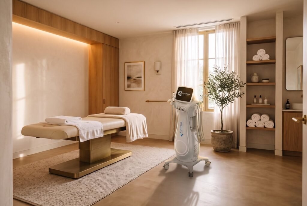 Contour HydroFacial machine standing beside the treatment bed in a warm clinic room