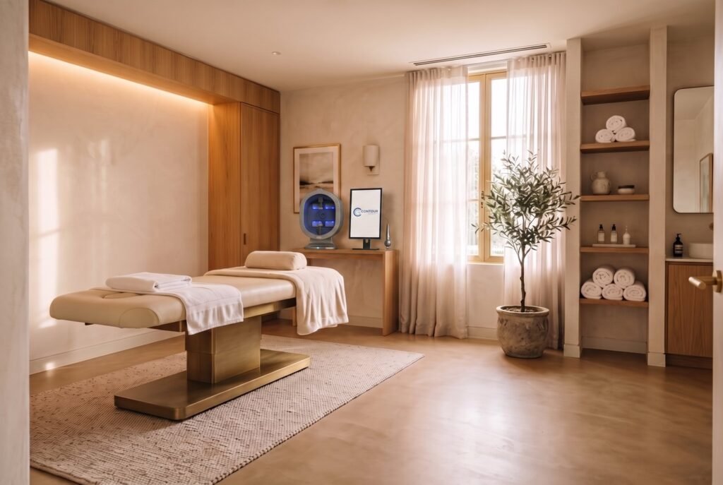 Contour Sense smart skin analyser and monitor on a console table in a warm clinic room