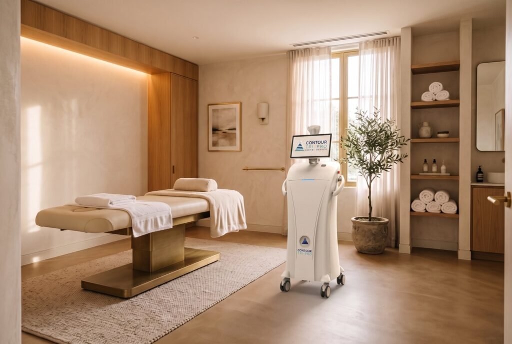 Contour Tri-Pro combi laser machine standing beside the treatment bed in a warm clinic room