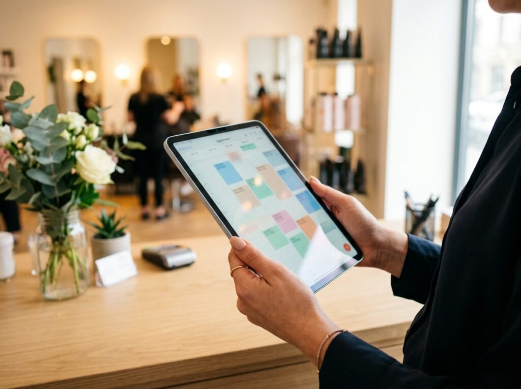 Checking the salon appointment schedule on a tablet