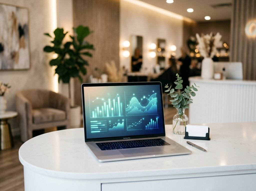 Salon booking and utilisation data on a laptop