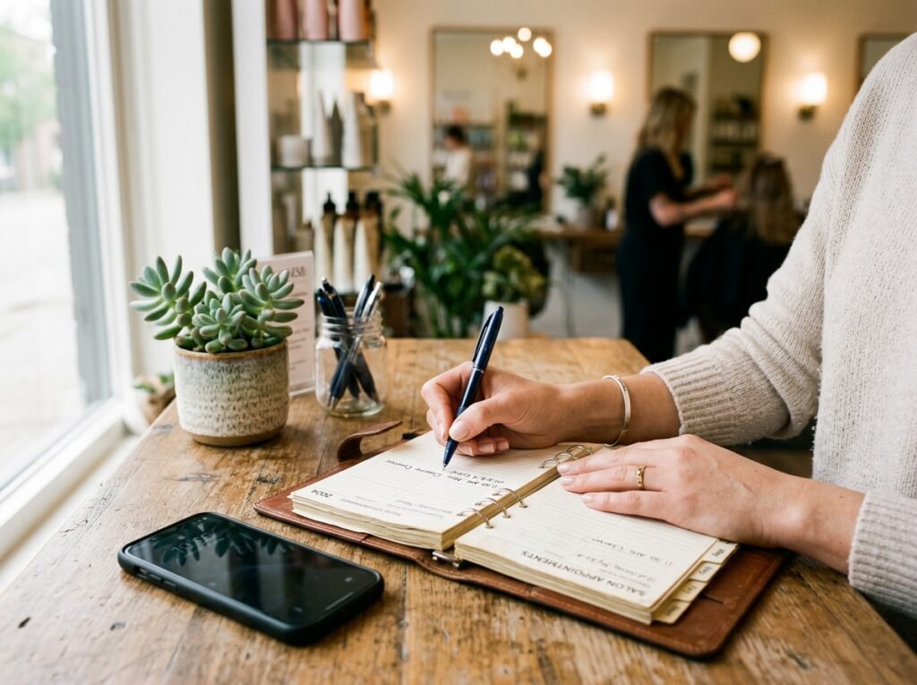 Writing in the salon appointment diary