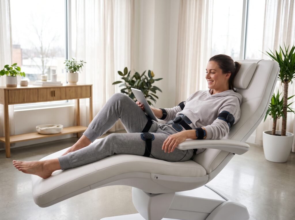 Client on an EMS body sculpting chair