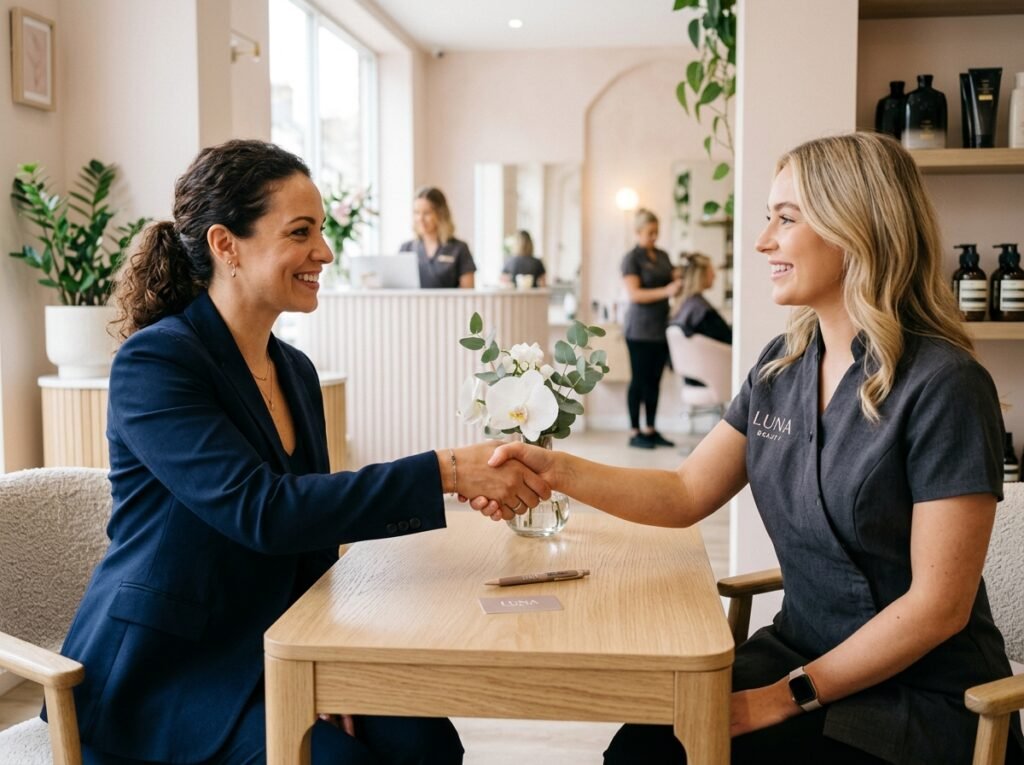 Two women shaking hands in a modern salon