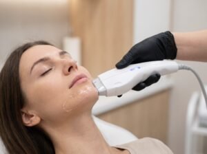 White HIFU handpiece against a woman's jawline with ultrasound gel