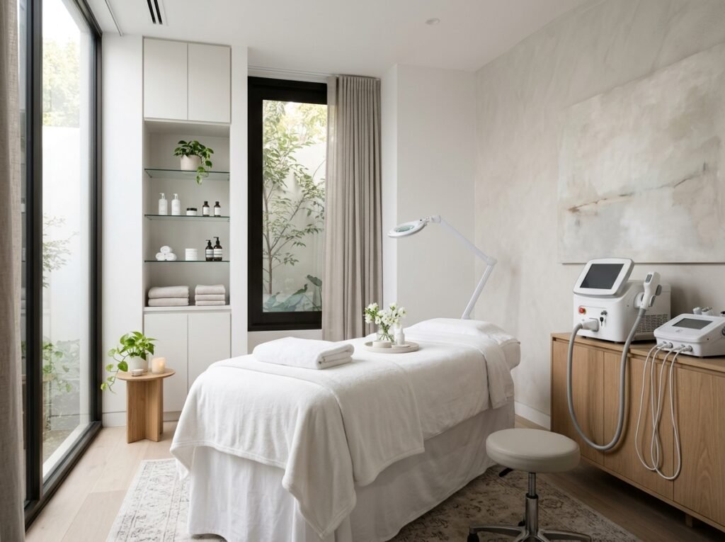A quiet, empty salon treatment room in morning light