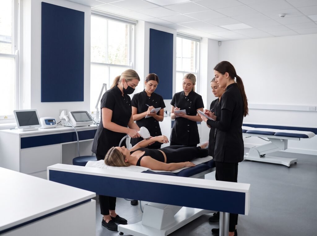 Trainer demonstrating a laser handpiece to trainees