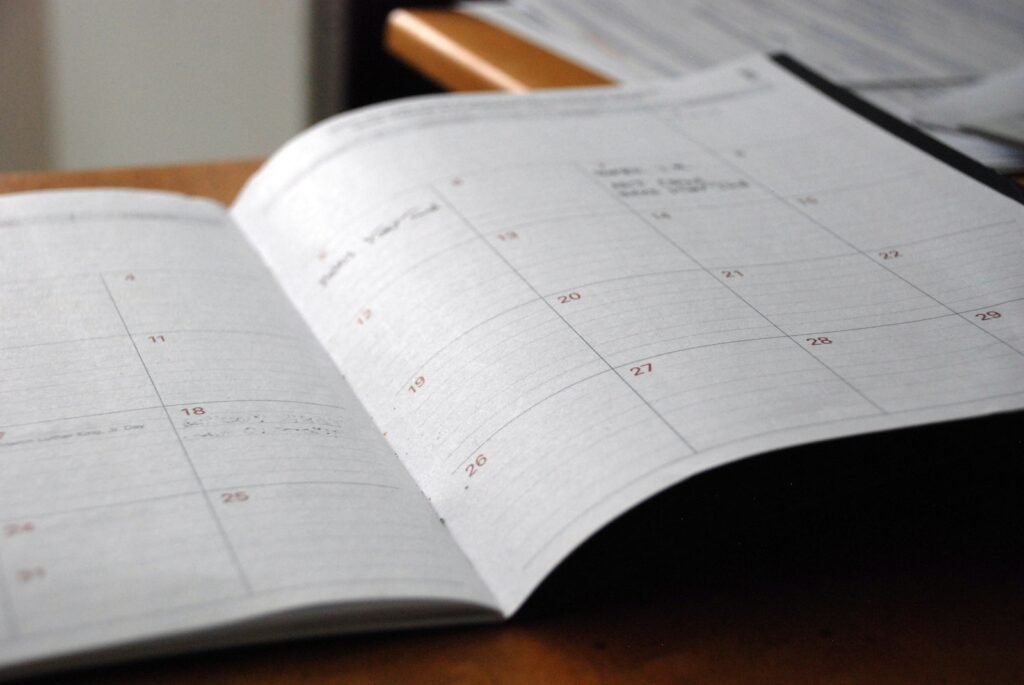 Open monthly planner on a desk