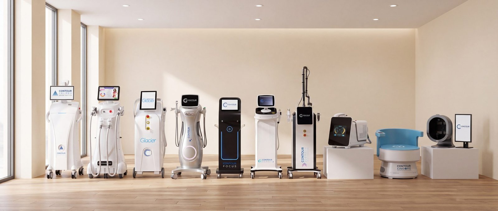 The full Contour Group machine range lined up in a salon showroom