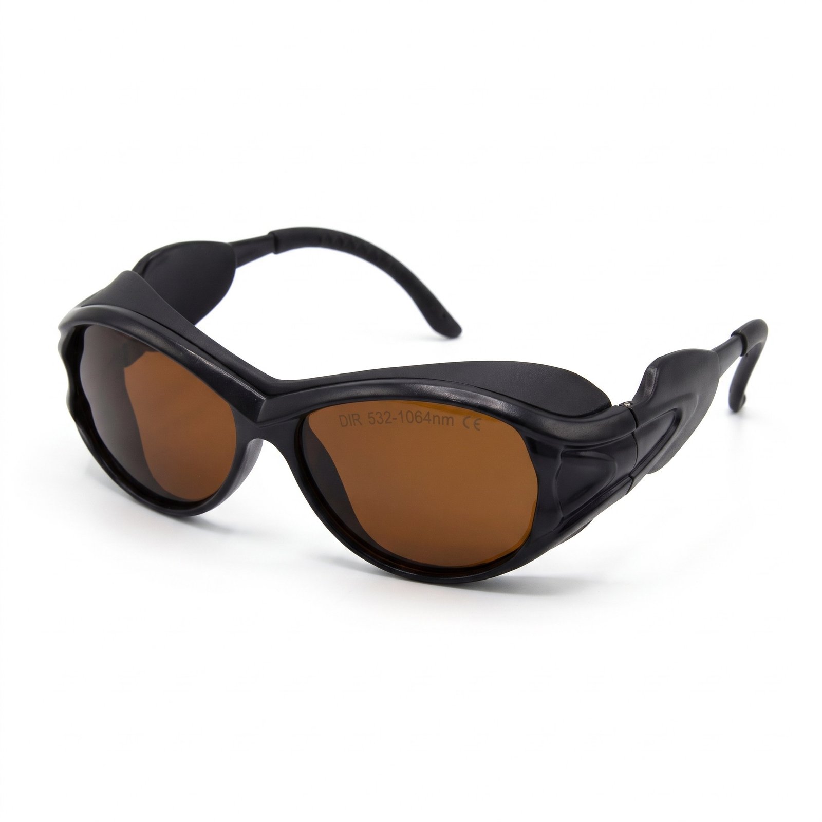 YAG laser safety glasses with amber lenses on a white background